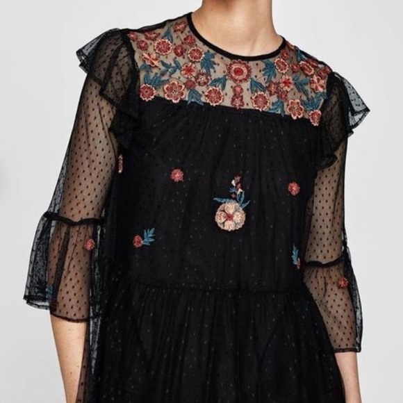 ZARA Basic Original black tulle embroidered top Sz Small Women - Picture 2 of 8
